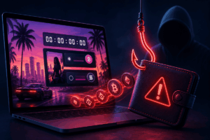 Un portátil muestra un videojuego mientras criptomonedas son atraídas hacia una wallet digital en peligro.