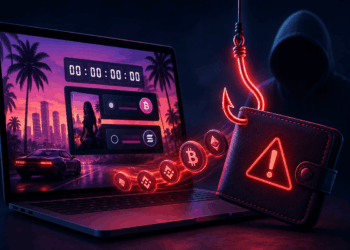 Un portátil muestra un videojuego mientras criptomonedas son atraídas hacia una wallet digital en peligro.