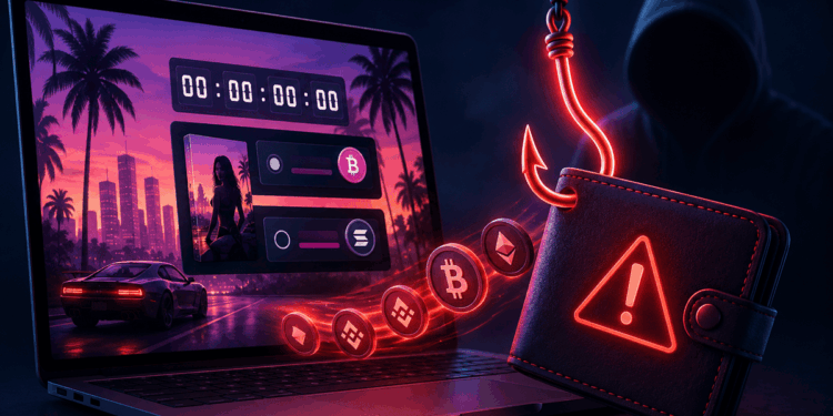 Un portátil muestra un videojuego mientras criptomonedas son atraídas hacia una wallet digital en peligro.