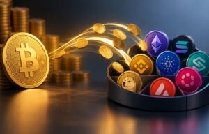 Una moneda física de bitcoin arroja monedas a un cesto repleto de criptomonedas.