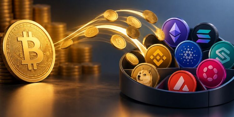 Una moneda física de bitcoin arroja monedas a un cesto repleto de criptomonedas.