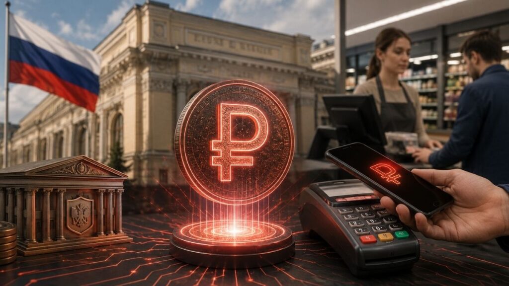 Moneda digital de rublo ruso flotando junto a un datáfono y un teléfono móvil realizando un pago comercial.