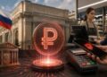 Moneda digital de rublo ruso flotando junto a un datáfono y un teléfono móvil realizando un pago comercial.