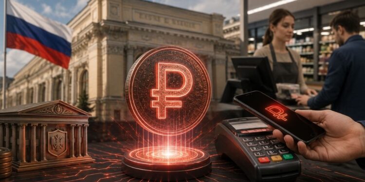 Moneda digital de rublo ruso flotando junto a un datáfono y un teléfono móvil realizando un pago comercial.