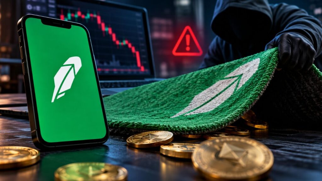 Un hacker encapuchado levanta una alfombra con el logotipo de Robinhood, revelando monedas criptográficas y un gráfico de stock en declive, simbolizando un fraude financiero.