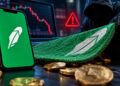 Un hacker encapuchado levanta una alfombra con el logotipo de Robinhood, revelando monedas criptográficas y un gráfico de stock en declive, simbolizando un fraude financiero.