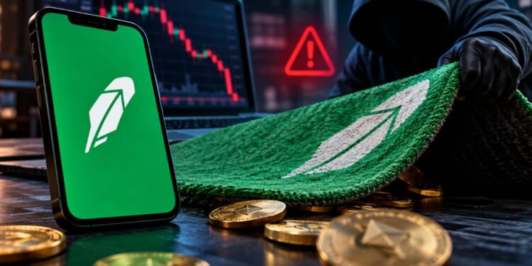 Un hacker encapuchado levanta una alfombra con el logotipo de Robinhood, revelando monedas criptográficas y un gráfico de stock en declive, simbolizando un fraude financiero.