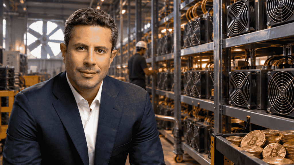 Primer plano: Saifidean Ammous. Fondo: composición por IA de una granja de minería de Bitcoin.