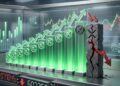 Gráfico financiero 3D con 11 barras verdes ascendentes del token XRP y una doceava barra rota en rojo apuntando hacia abajo.