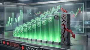 Gráfico financiero 3D con 11 barras verdes ascendentes del token XRP y una doceava barra rota en rojo apuntando hacia abajo.