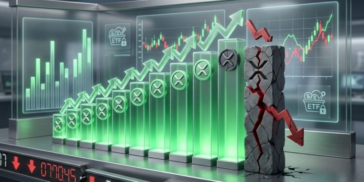 Gráfico financiero 3D con 11 barras verdes ascendentes del token XRP y una doceava barra rota en rojo apuntando hacia abajo.