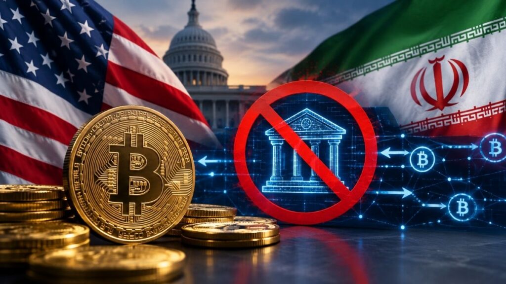 Un Bitcoin físico en primer plano y un símbolo de banco tachado en rojo, con el Capitolio de EE.UU. y la bandera de Irán de fondo.