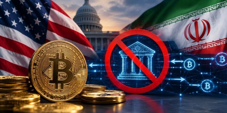 Un Bitcoin físico en primer plano y un símbolo de banco tachado en rojo, con el Capitolio de EE.UU. y la bandera de Irán de fondo.