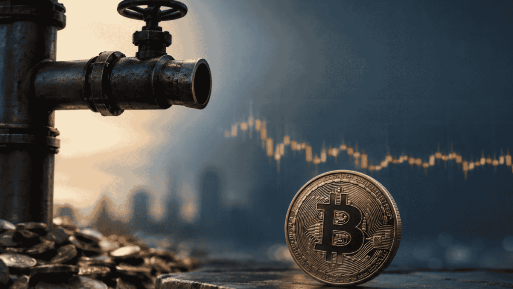 Un grifo cerrado y una moneda de bitcoin.