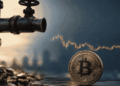 Un grifo cerrado y una moneda de bitcoin.