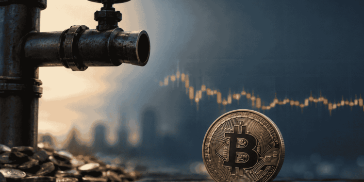 Un grifo cerrado y una moneda de bitcoin.
