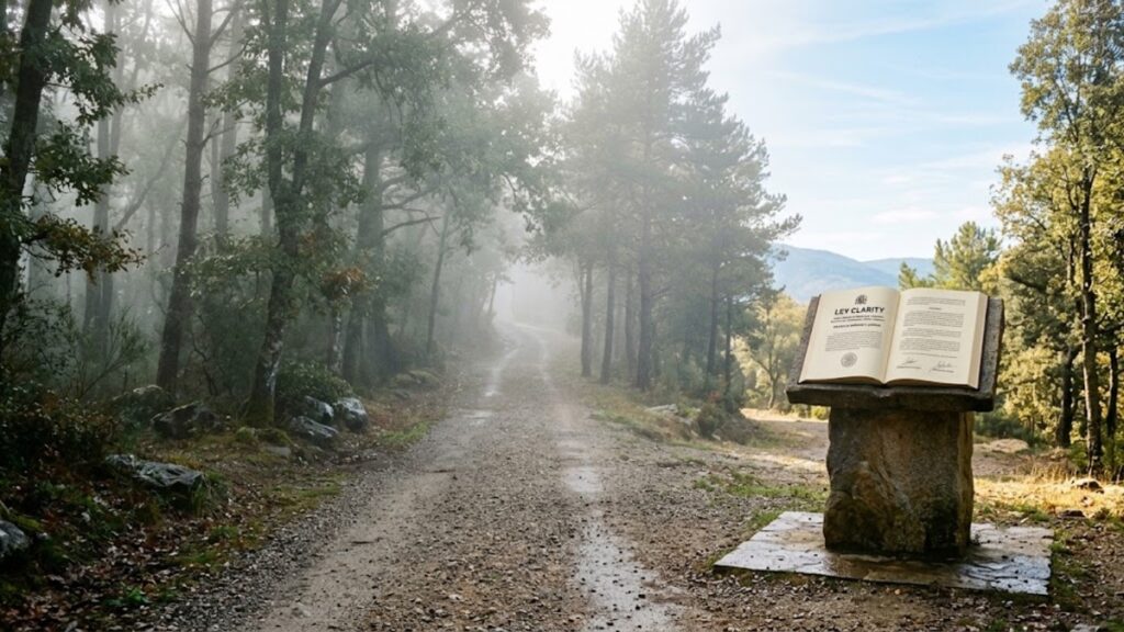 Camino empañado con niebla y al final un documento legislativo que dice "Ley Clarity", la niebla disipada.