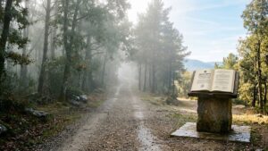 Camino empañado con niebla y al final un documento legislativo que dice "Ley Clarity", la niebla disipada.