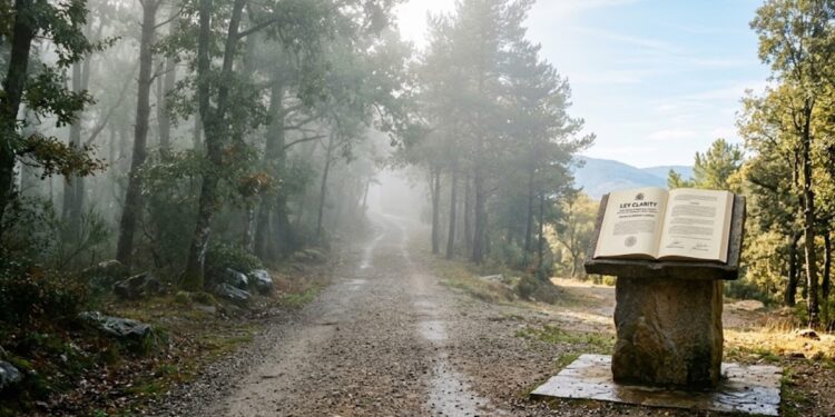 Camino empañado con niebla y al final un documento legislativo que dice "Ley Clarity", la niebla disipada.