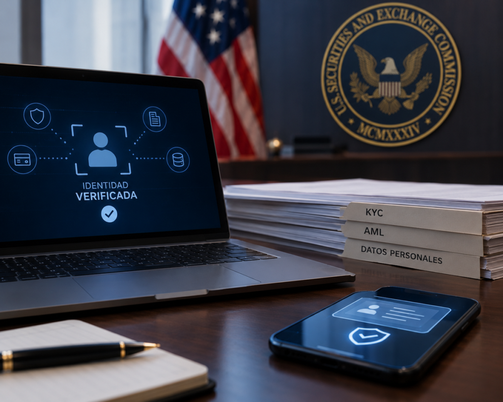 Laptop sobre una mesa con un telefono solicitando KYC y la bandera de EE.UU y el logo de la SEC de fondo