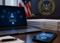 Laptop sobre una mesa con un telefono solicitando KYC y la bandera de EE.UU y el logo de la SEC de fondo
