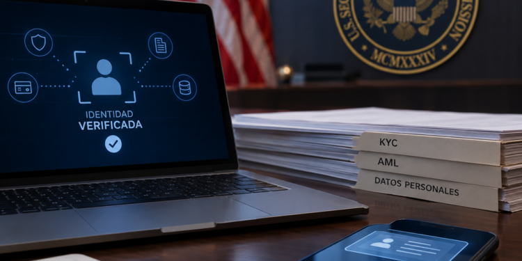 Laptop sobre una mesa con un telefono solicitando KYC y la bandera de EE.UU y el logo de la SEC de fondo