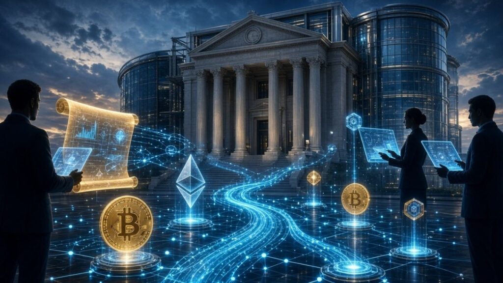 Profesionales analizando criptomonedas como Bitcoin y Ethereum frente a un edificio bancario tradicional con redes digitales.