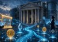 Profesionales analizando criptomonedas como Bitcoin y Ethereum frente a un edificio bancario tradicional con redes digitales.