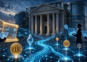 Profesionales analizando criptomonedas como Bitcoin y Ethereum frente a un edificio bancario tradicional con redes digitales.