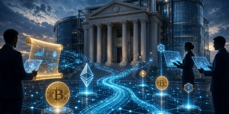 Profesionales analizando criptomonedas como Bitcoin y Ethereum frente a un edificio bancario tradicional con redes digitales.