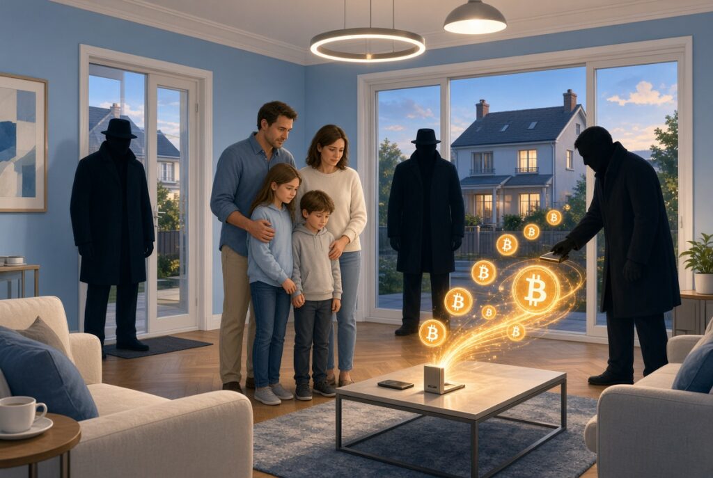 Familia nuclear secuestrada en su propia casa mientras figuras sombrías roban sus criptomonedas