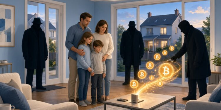 Familia nuclear secuestrada en su propia casa mientras figuras sombrías roban sus criptomonedas