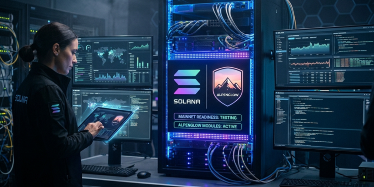 Un servidor iluminado con luces neón en un entorno tecnológico con el logo de Solana y el concepto Alpenglow en fase de prueba para la red principal.