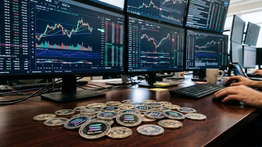 Monedas de SOL con gráficos de mercado mixtos en el fondo.