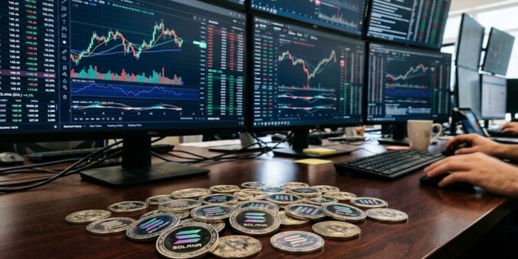 Monedas de SOL con gráficos de mercado mixtos en el fondo.