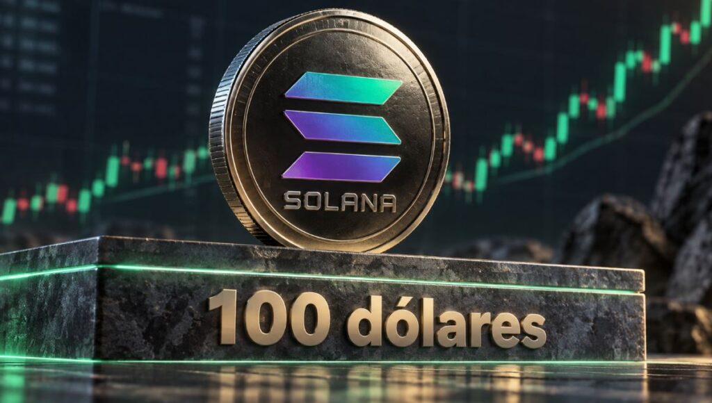 Una moneda física de solana sobre un bloque de pieda que dice 100 dólares.