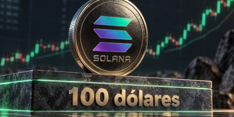 Una moneda física de solana sobre un bloque de pieda que dice 100 dólares.
