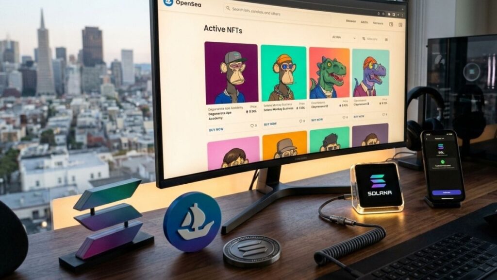 Un entorno tecnológico con logotipos claros de Solana y la interfaz de OpenSea.