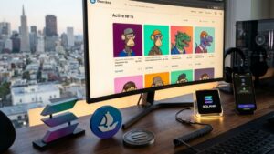 Un entorno tecnológico con logotipos claros de Solana y la interfaz de OpenSea.