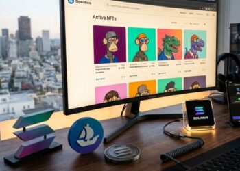Un entorno tecnológico con logotipos claros de Solana y la interfaz de OpenSea.
