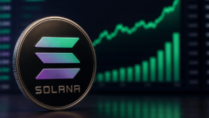 Moneda de solana. Gráfico verde ascendente.