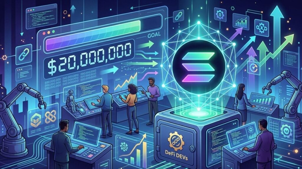 Ilustración digital sobre finanzas descentralizadas con pantallas de gráficos ascendentes, un objetivo de recaudación de 20 millones de dólares y un holograma del logo de Solana