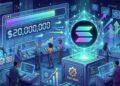 Ilustración digital sobre finanzas descentralizadas con pantallas de gráficos ascendentes, un objetivo de recaudación de 20 millones de dólares y un holograma del logo de Solana