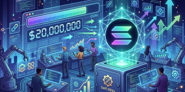 Ilustración digital sobre finanzas descentralizadas con pantallas de gráficos ascendentes, un objetivo de recaudación de 20 millones de dólares y un holograma del logo de Solana