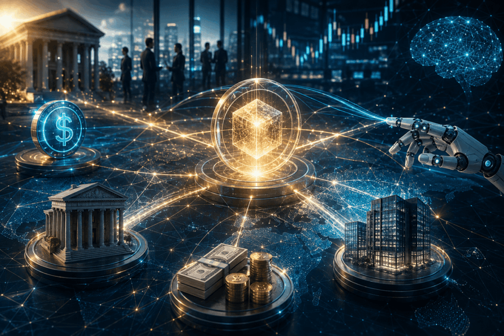 Red digital que conecta bancos, dinero, empresas y tecnología, representando la tokenización financiera.