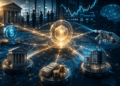Red digital que conecta bancos, dinero, empresas y tecnología, representando la tokenización financiera.