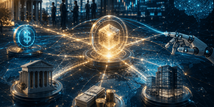 Red digital que conecta bancos, dinero, empresas y tecnología, representando la tokenización financiera.
