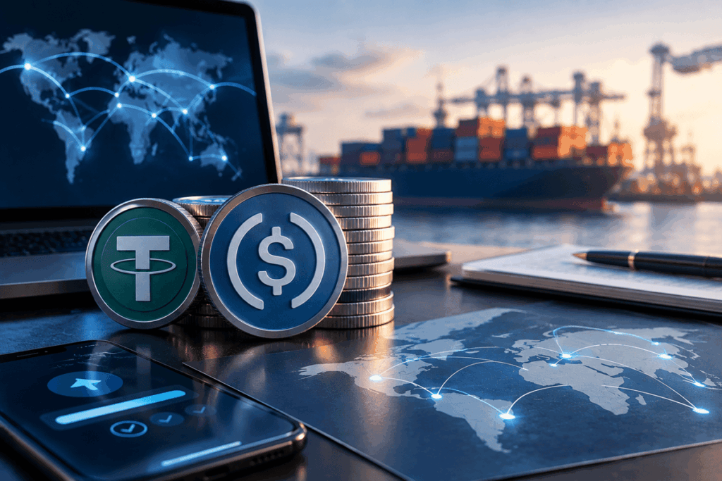 Stablecoins y pagos digitales conectando mercados internacionales.
