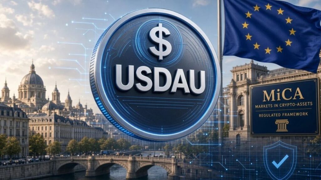 Moneda digital USDAU junto a la bandera de la Unión Europea y una placa de regulación MiCA.