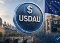 Moneda digital USDAU junto a la bandera de la Unión Europea y una placa de regulación MiCA.